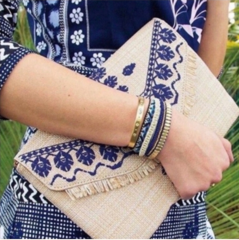 Stella & Dot City Slim raffia clutch embroidered